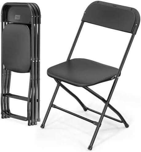 Silla plegable negra con estructura tubular y asiento acolchado