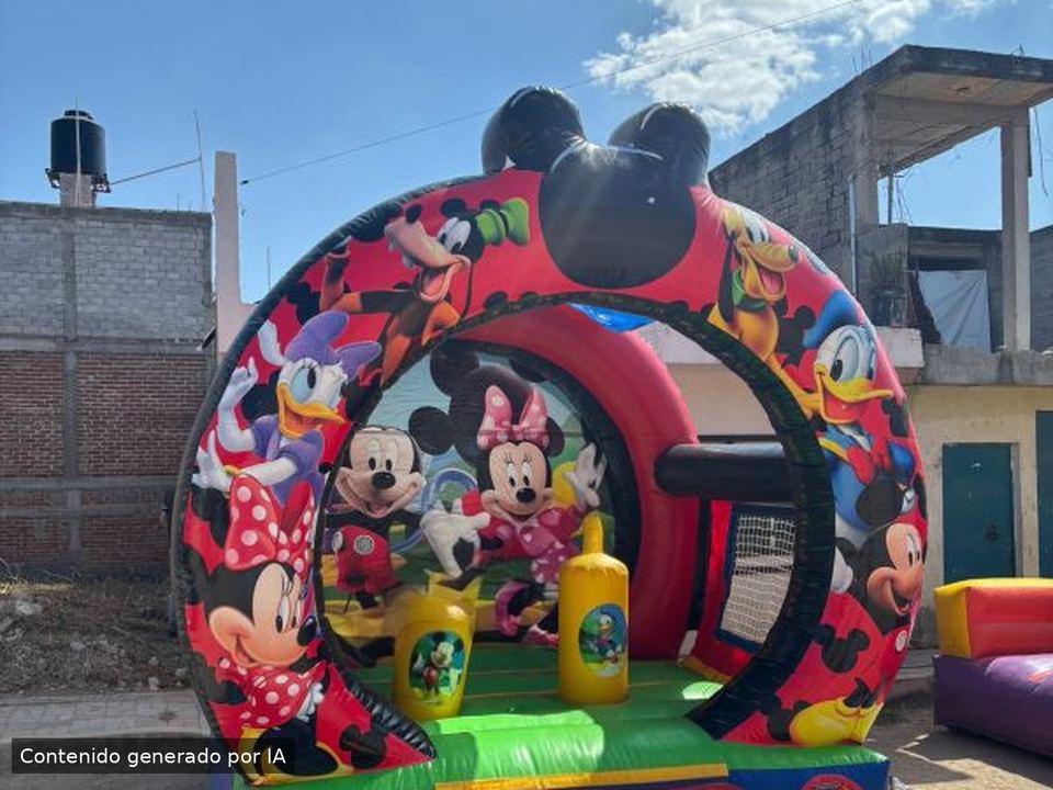 Inflable con temática de Mickey Mouse y sus amigos, con cabezota de Mickey arriba y personajes impresos alrededor